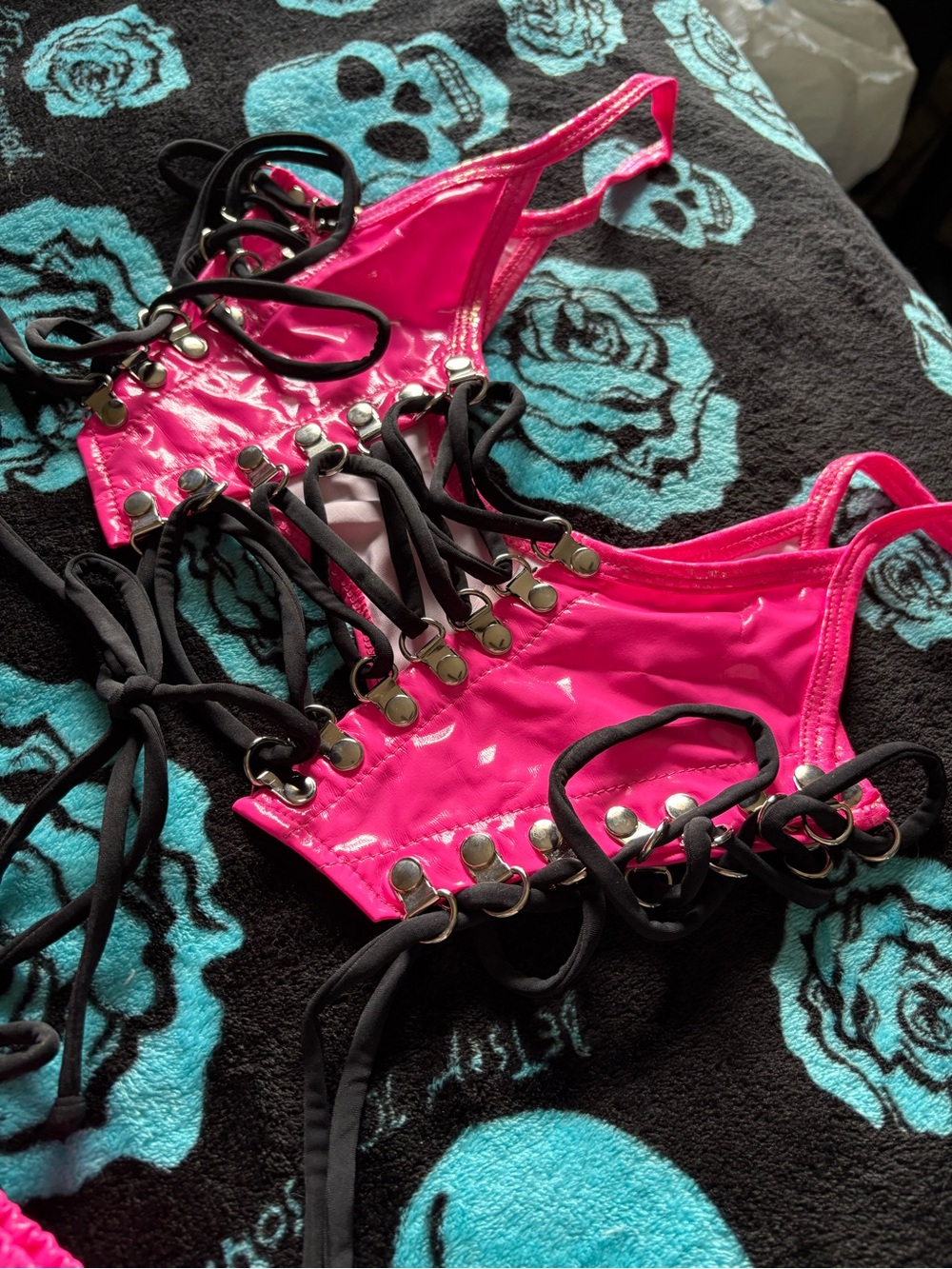 Hot Pink Lace-Up Vinyl Crop Top with Black Ties — Women